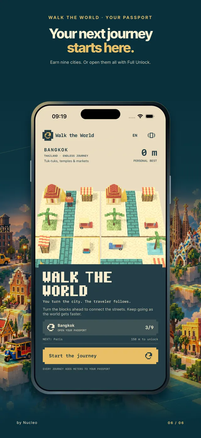 Original device-frame composition with unchanged native English Walk the World welcome and passport entry capture; decorative city art outside the phone.