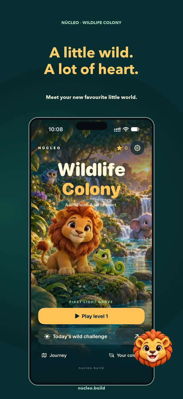 Wildlife Colony App Store composition with the real native home screen from build 3.0 (300), original animal artwork and an iPhone frame. Progress was earned in QA play.