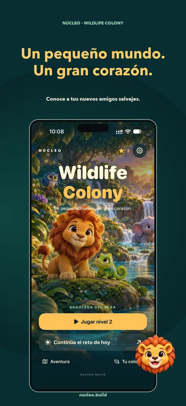 Composición de App Store de Wildlife Colony con la pantalla nativa real de home del build 3.0 (300), animales originales y marco de iPhone. El progreso se consiguió jugando en pruebas.