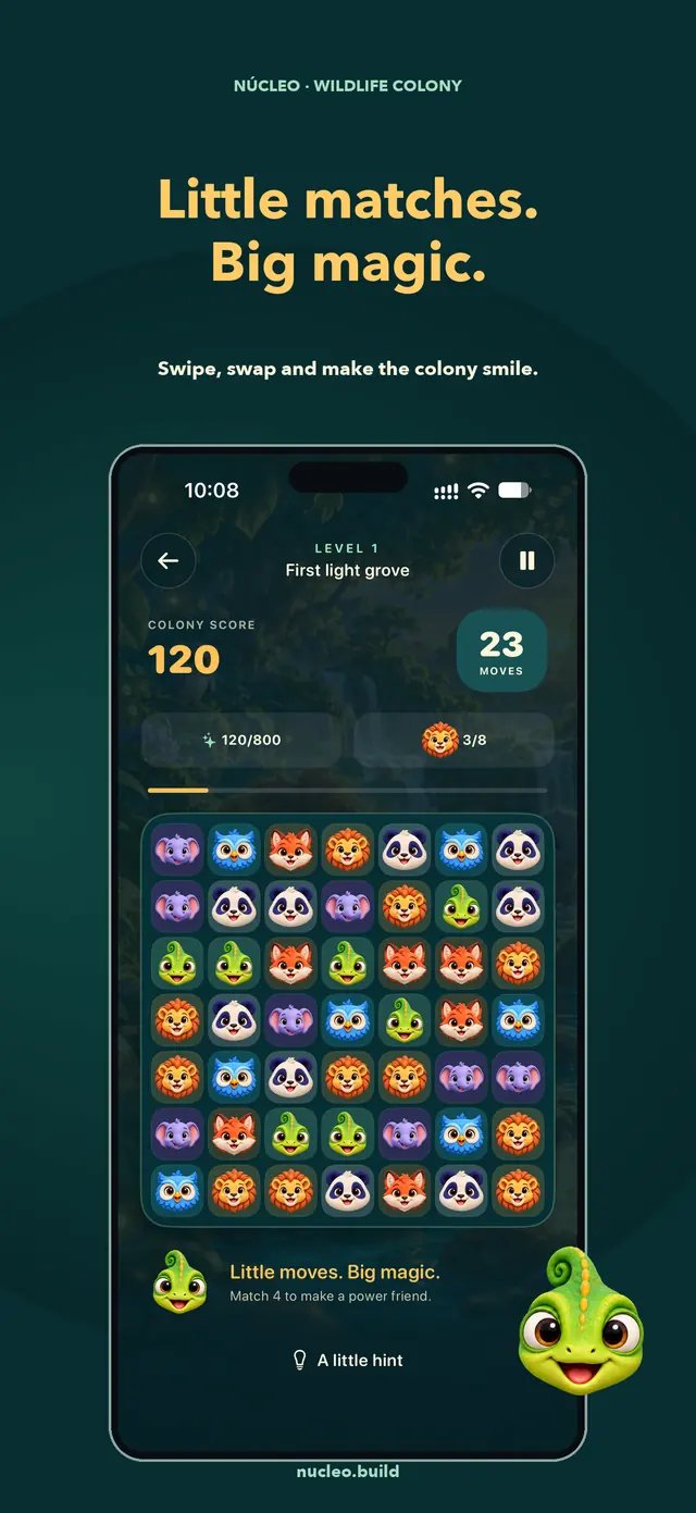 Wildlife Colony App Store composition with the real native gameplay screen from build 3.0 (300), original animal artwork and an iPhone frame. Progress was earned in QA play.
