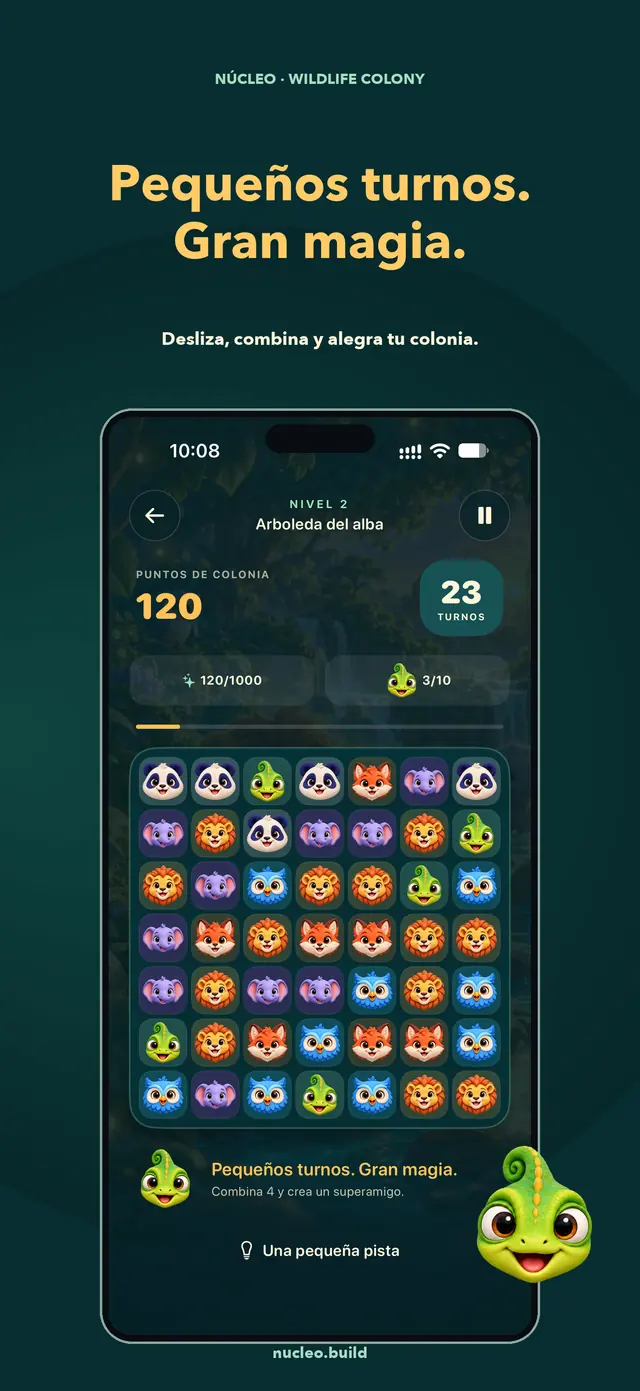 Composición de App Store de Wildlife Colony con la pantalla nativa real de gameplay del build 3.0 (300), animales originales y marco de iPhone. El progreso se consiguió jugando en pruebas.