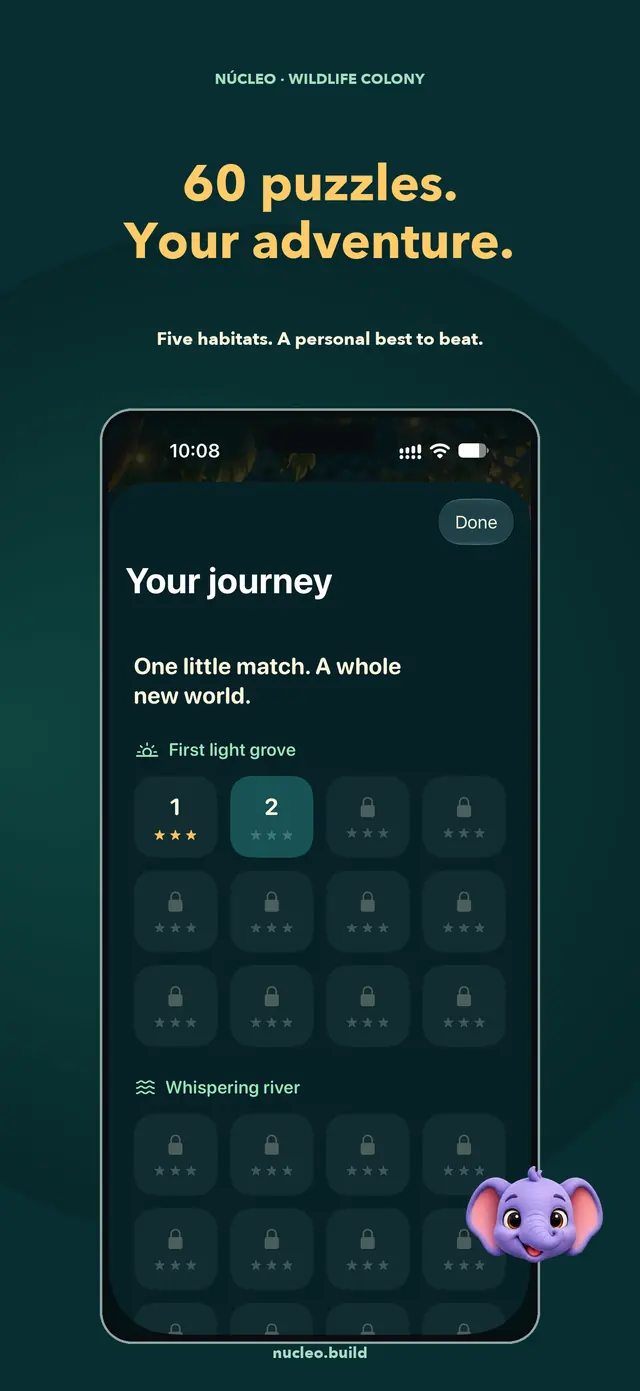 Wildlife Colony App Store composition with the real native journey screen from build 3.0 (300), original animal artwork and an iPhone frame. Progress was earned in QA play.