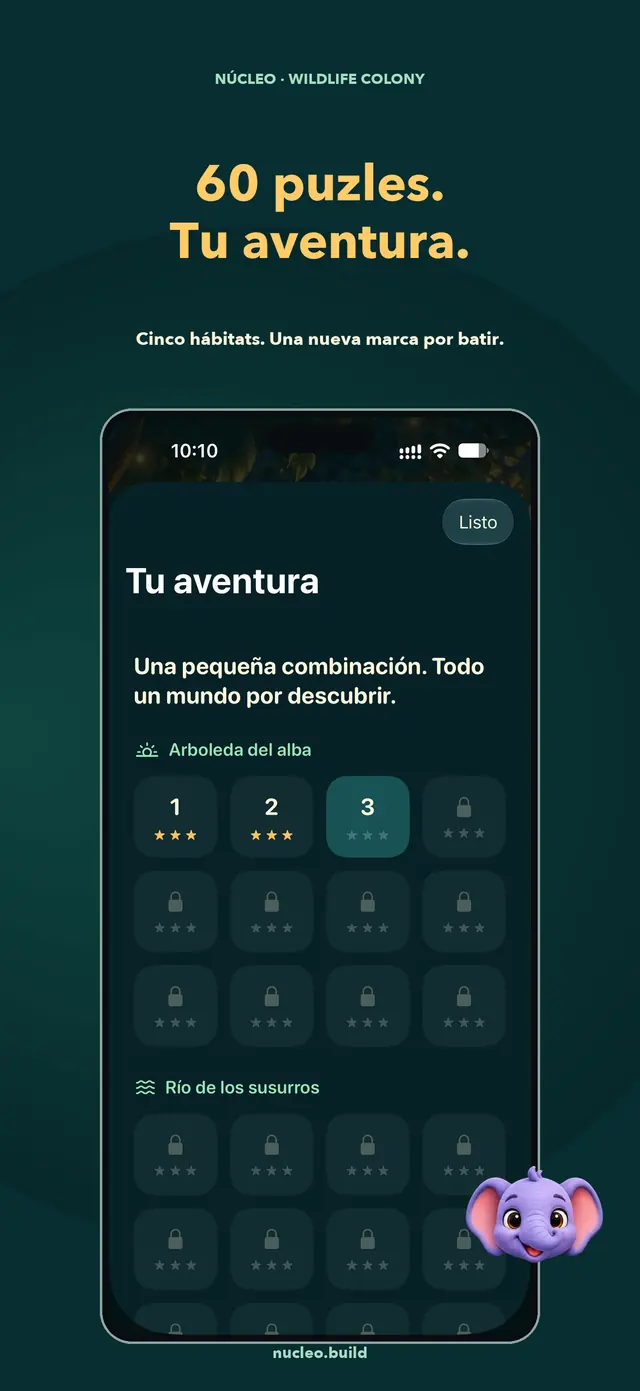 Composición de App Store de Wildlife Colony con la pantalla nativa real de journey del build 3.0 (300), animales originales y marco de iPhone. El progreso se consiguió jugando en pruebas.