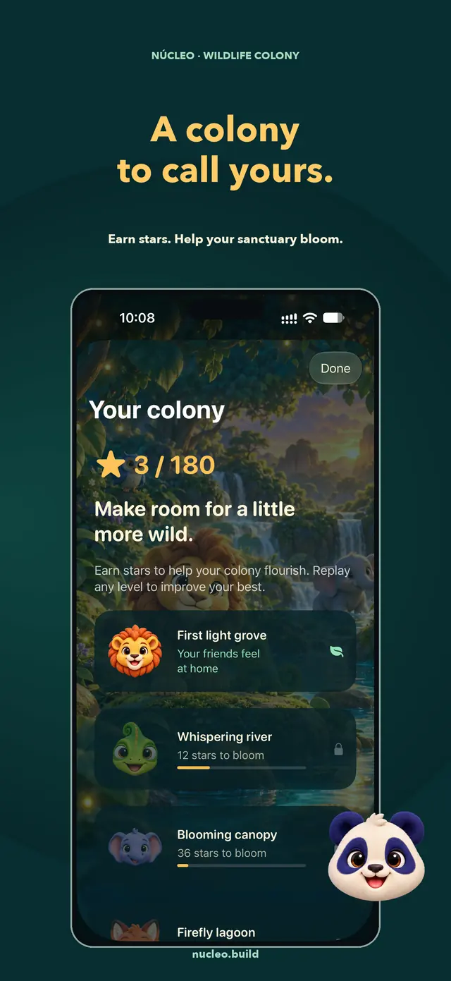 Wildlife Colony App Store composition with the real native sanctuary screen from build 3.0 (300), original animal artwork and an iPhone frame. Progress was earned in QA play.