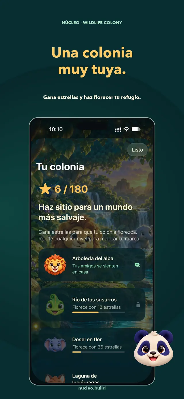 Composición de App Store de Wildlife Colony con la pantalla nativa real de sanctuary del build 3.0 (300), animales originales y marco de iPhone. El progreso se consiguió jugando en pruebas.