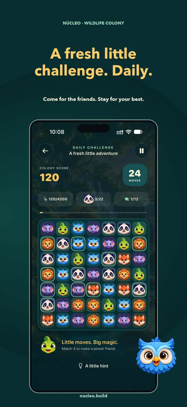 Wildlife Colony App Store composition with the real native daily screen from build 3.0 (300), original animal artwork and an iPhone frame. Progress was earned in QA play.