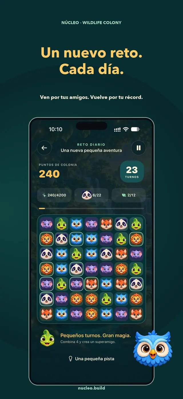 Composición de App Store de Wildlife Colony con la pantalla nativa real de daily del build 3.0 (300), animales originales y marco de iPhone. El progreso se consiguió jugando en pruebas.
