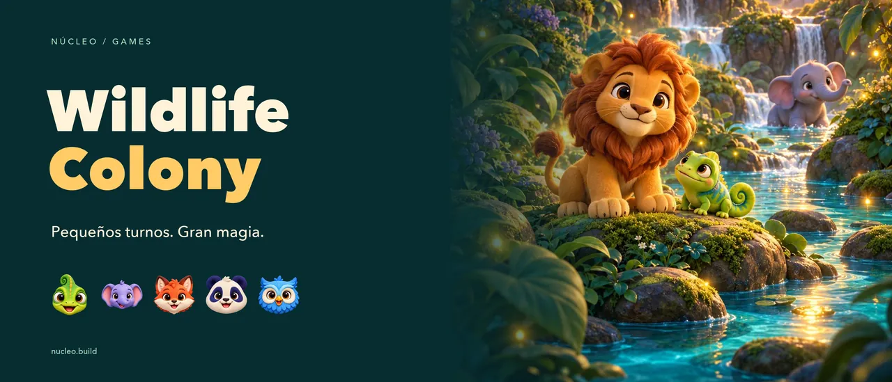 Header original de Wildlife Colony con Leo el leoncito, Pip el camaleón, una cascada y Pequeños turnos. Gran magia. Ilustración de marca, no juego.