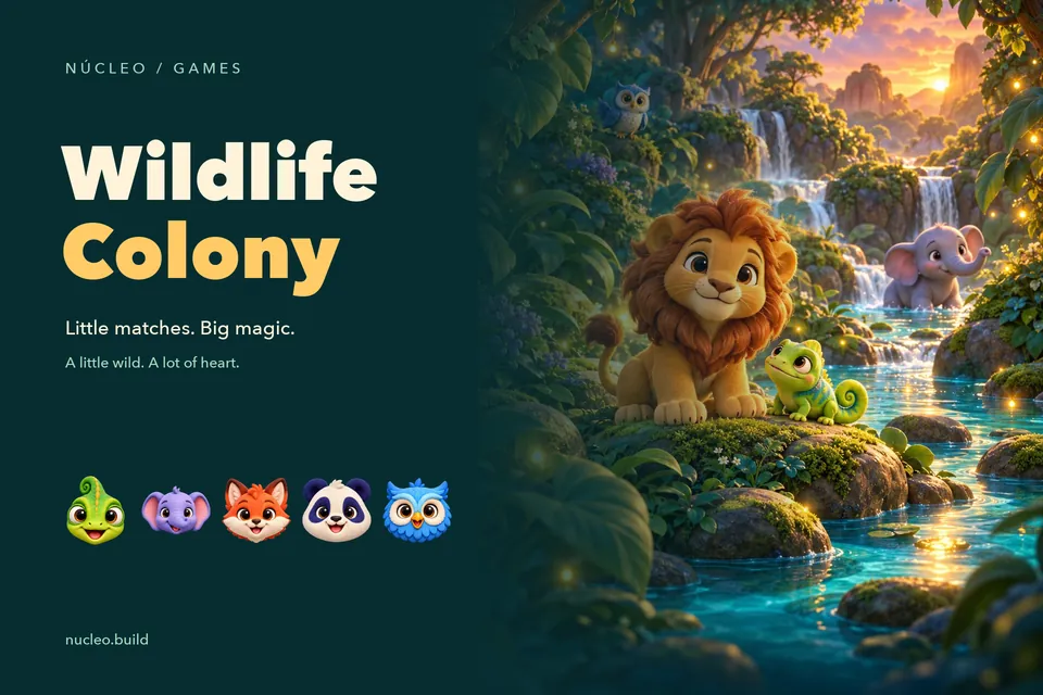 Original Wildlife Colony Search illustration with six animal friends in a warm jungle sanctuary.