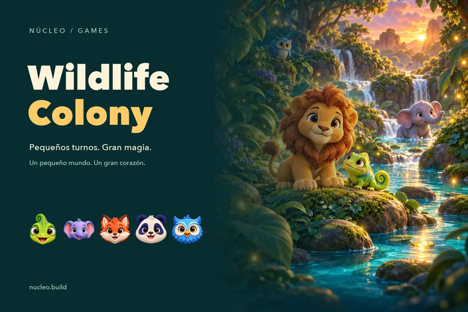 Ilustración original de Search de Wildlife Colony con seis amigos animales en un refugio cálido de la selva.